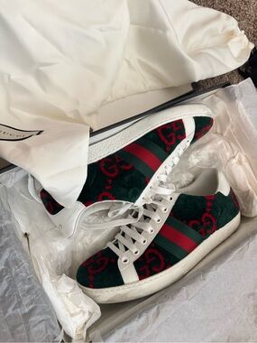 Gucci green and red velvet GG Ace Sneakers
